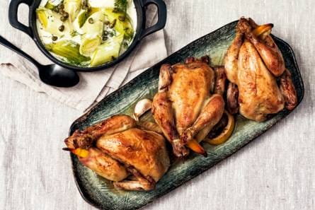Poussin met prei, vermout en dille