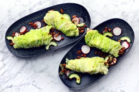 Koolwraps met vegagehakt, komkommer en radijs