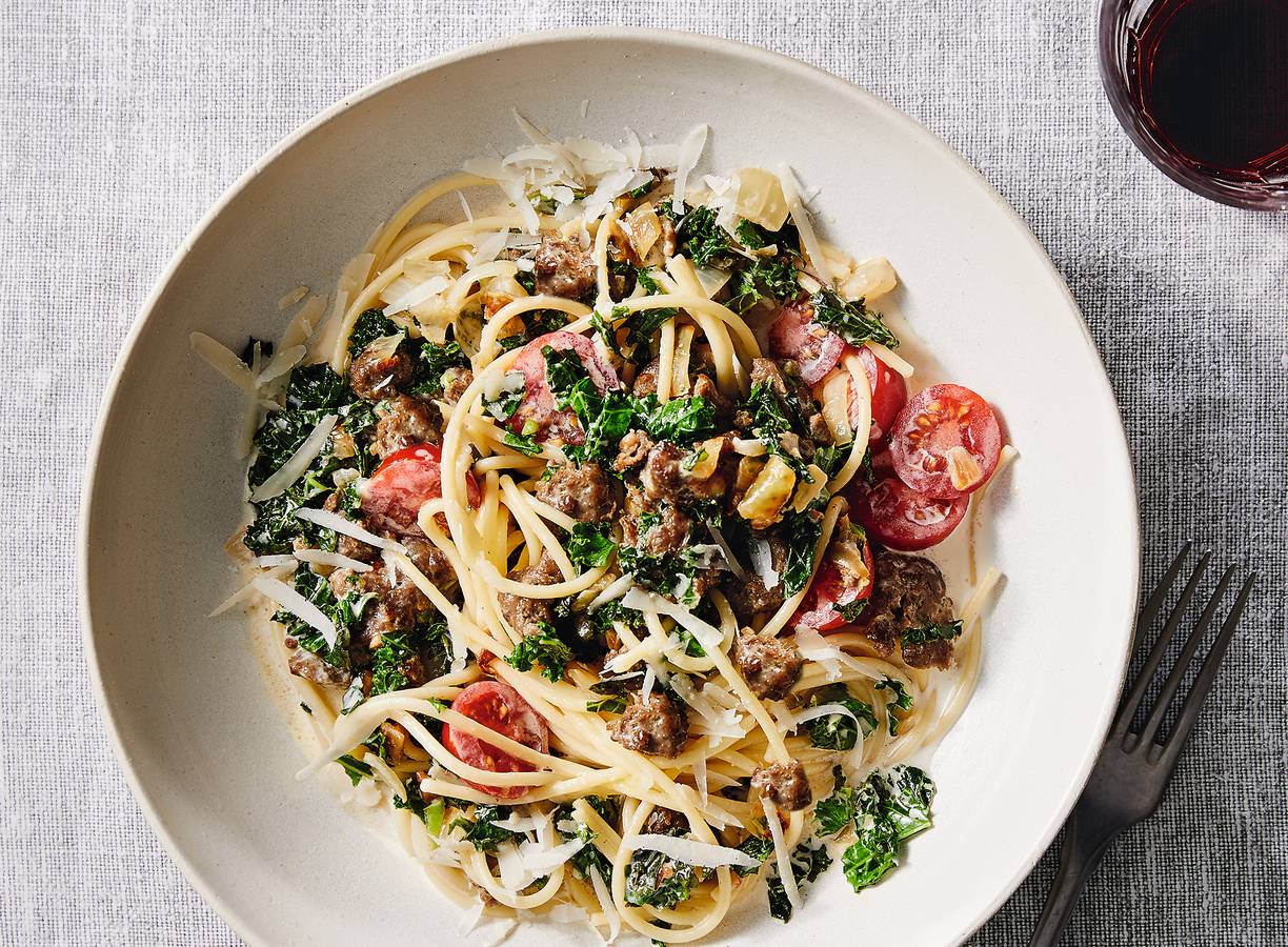 Spaghetti met boerenkool en braadworst