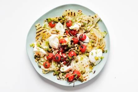 Gegrilde venkel met mozzarella en kappertjes-citroendressing