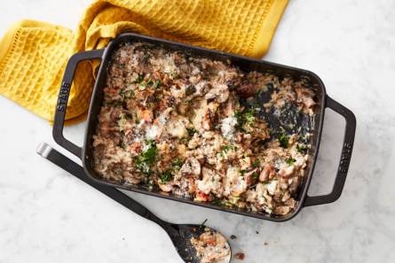 Paddenstoelenrisotto met pancetta uit de oven