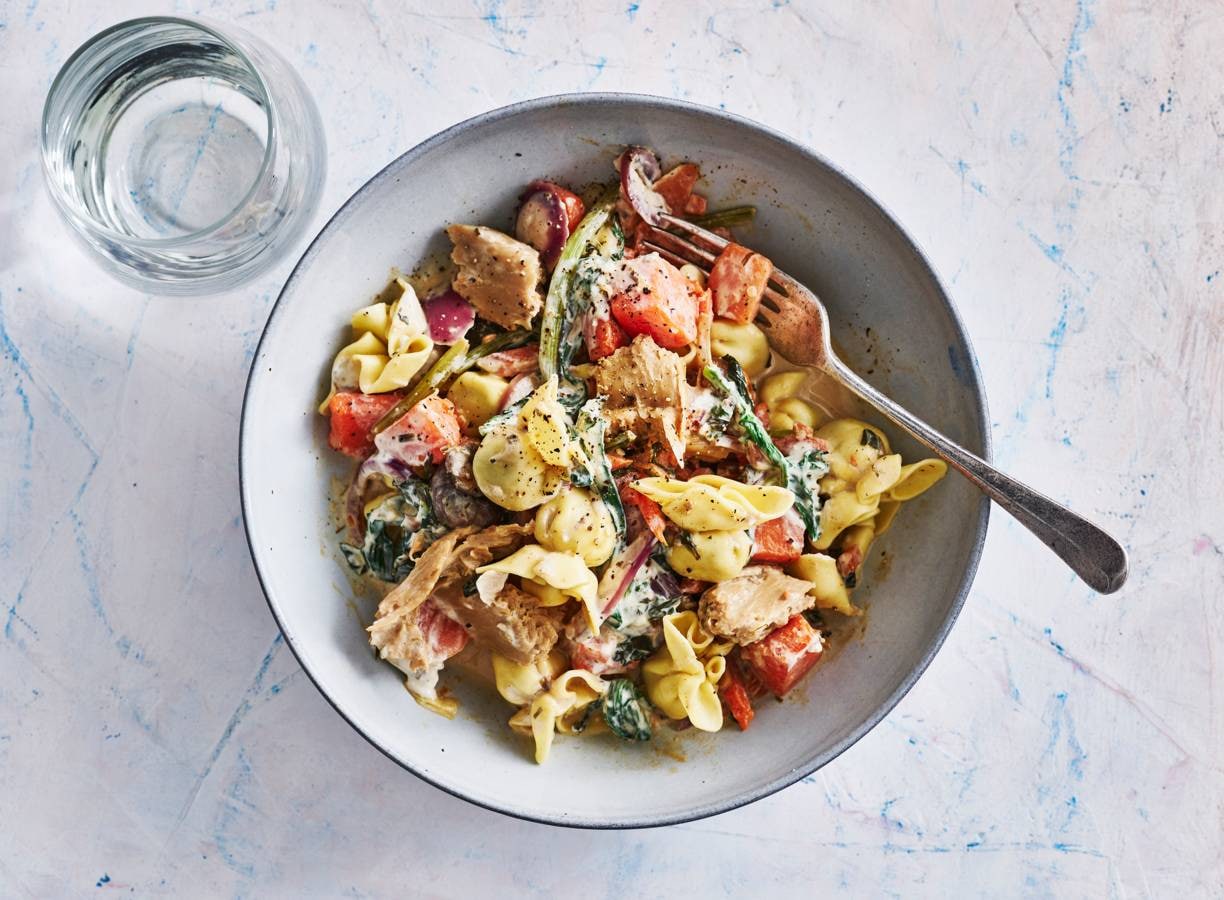 Romige perline pasta met vegakip,pompoen & roerbakgroente