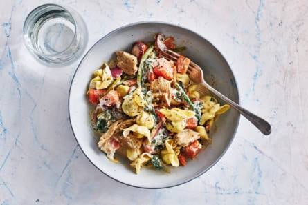 Romige perline pasta met vegakip,pompoen & roerbakgroente