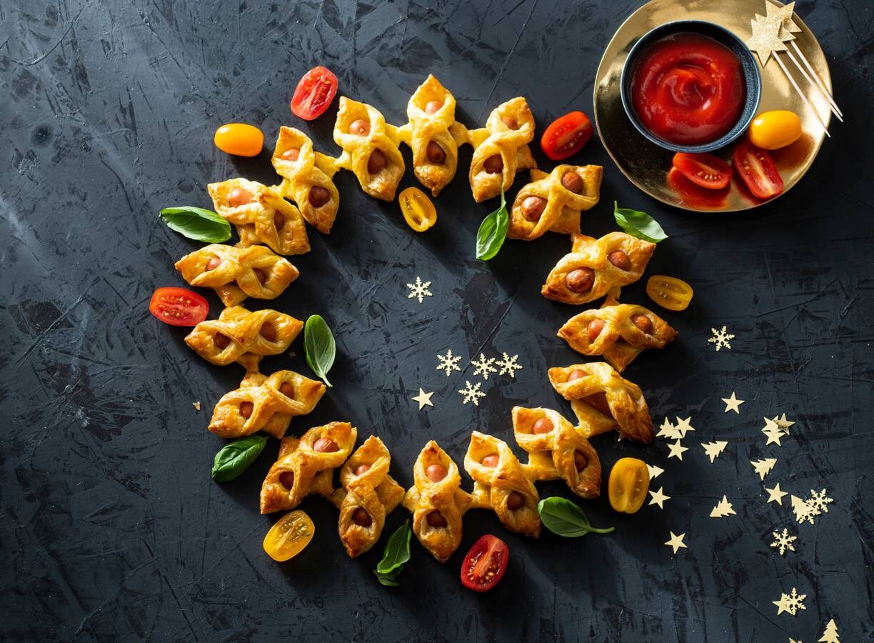 Kerstkrans van knakworsten en bladerdeeg maken