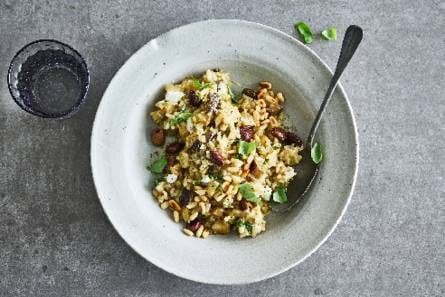 Auberginerisotto met geitenkaas en basilicum