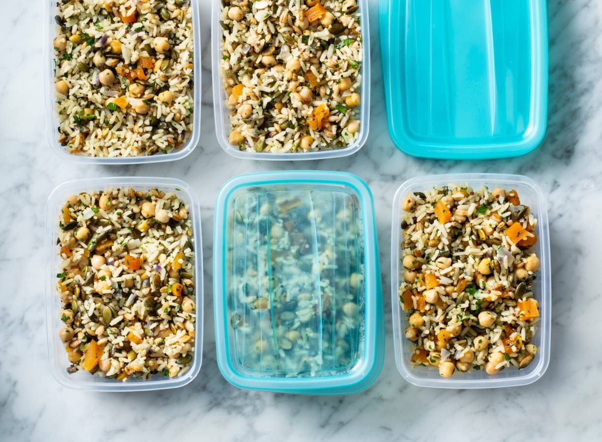 Mealprep met rijst, quinoa en kikkererwten