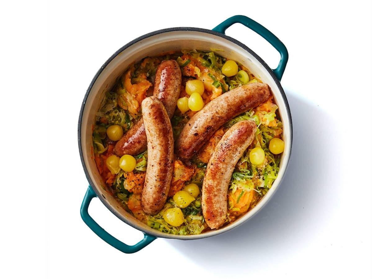 Preistamppot met zoete aardappel, Amsterdamse ui en varkensbraadworst