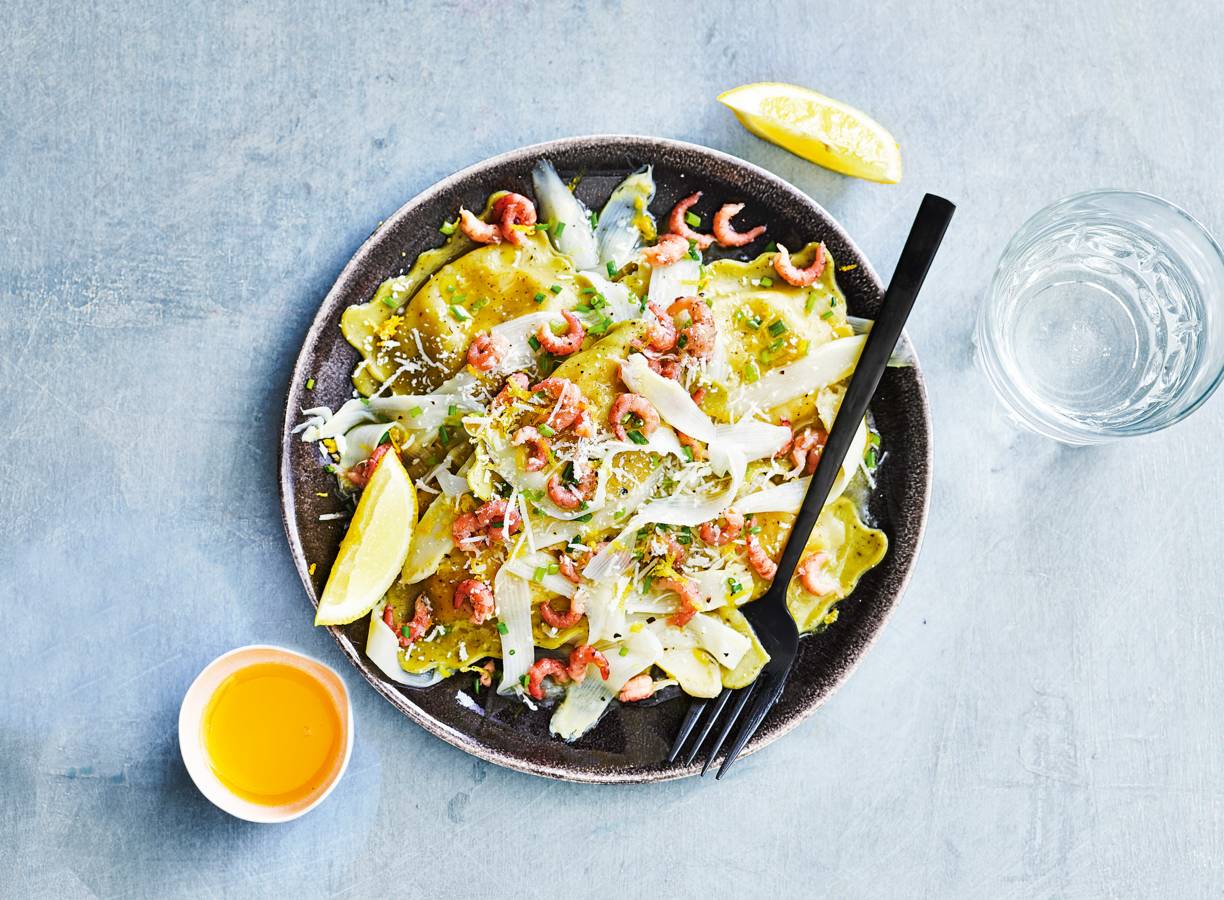 Ravioli met asperges & garnalen