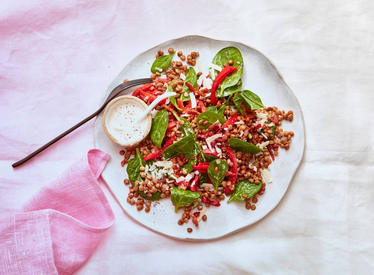 Linzensalade met spinazie en Parmezaanse kaas