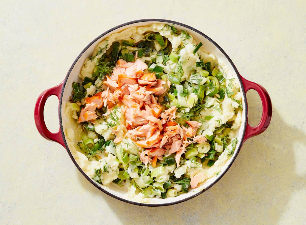 Preistamppot met warmgerookte zalm