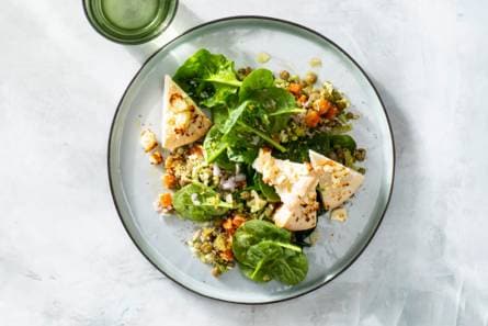 Linzensalade met spinazie en pitakaaspuntjes