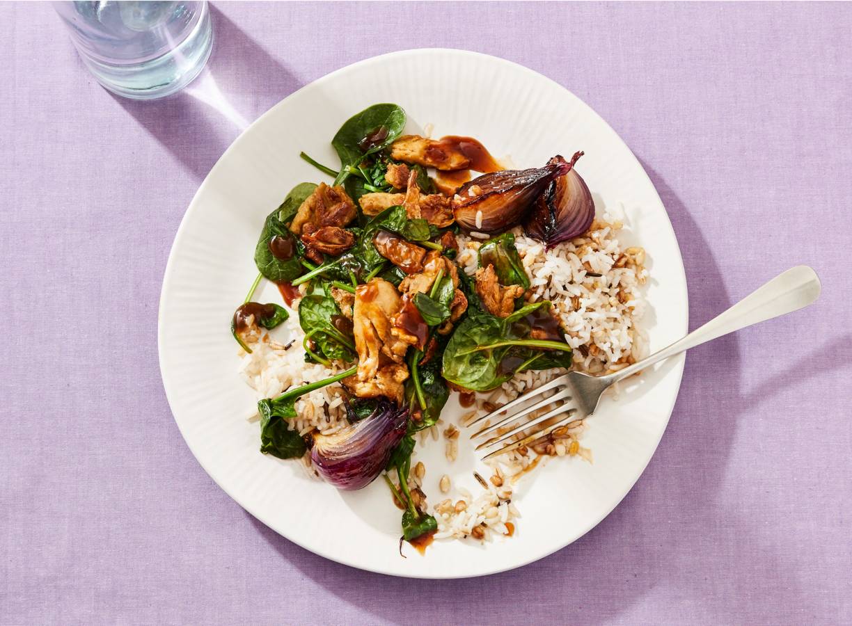 Vega teriyaki-kip met spinazie & rijst
