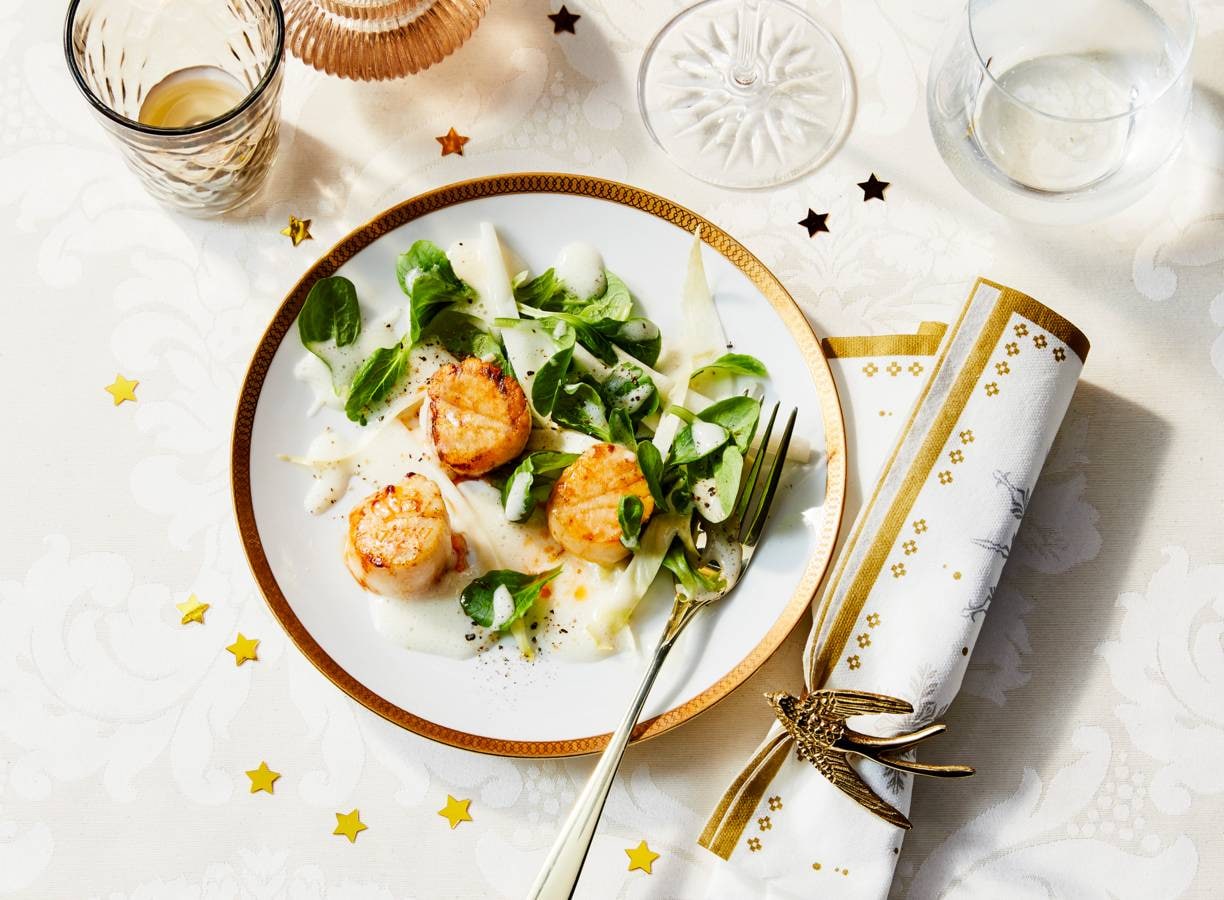 Gebakken coquilles met proseccoschuim en sojasaus