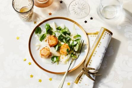 Gebakken coquilles met proseccoschuim en sojasaus