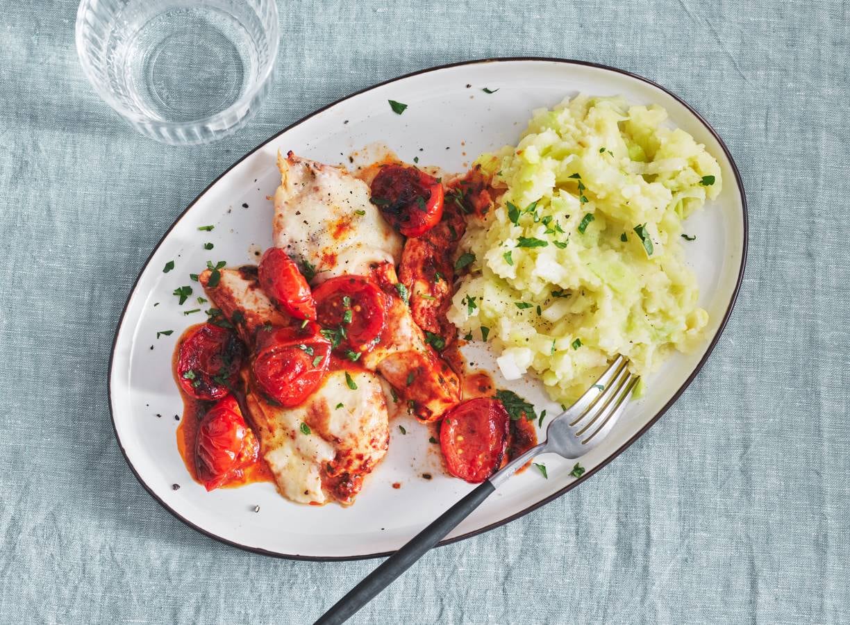 Mozzarella-kipfilet met prei-aardappelpuree