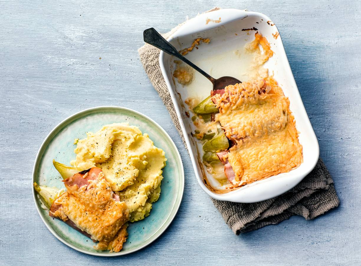 Aardappelpuree met witlof, ham en kaas