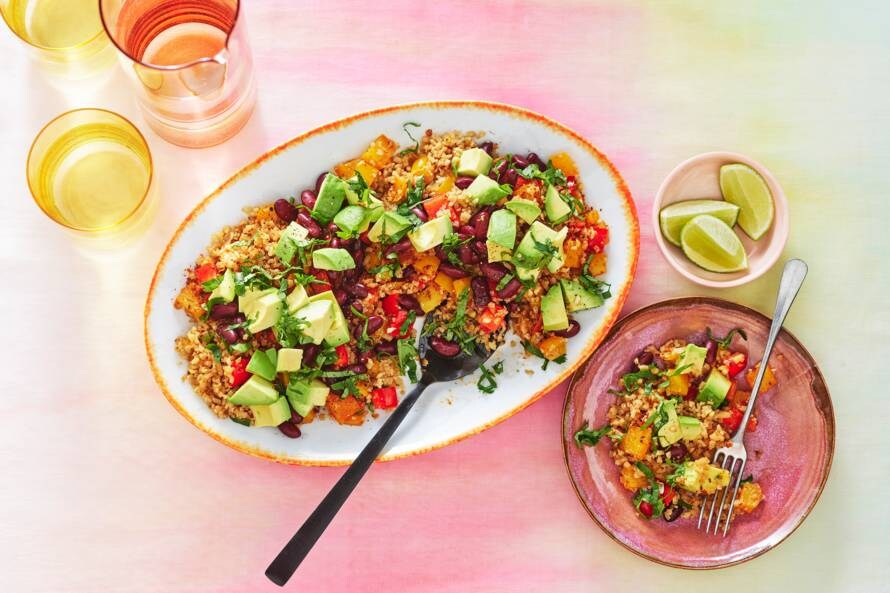 Bloemkoolrijst-schotel met rode kidneybonen