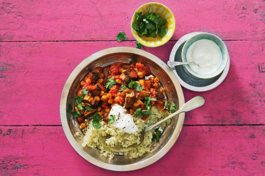 Auberginecurry met bloemkoolrijst