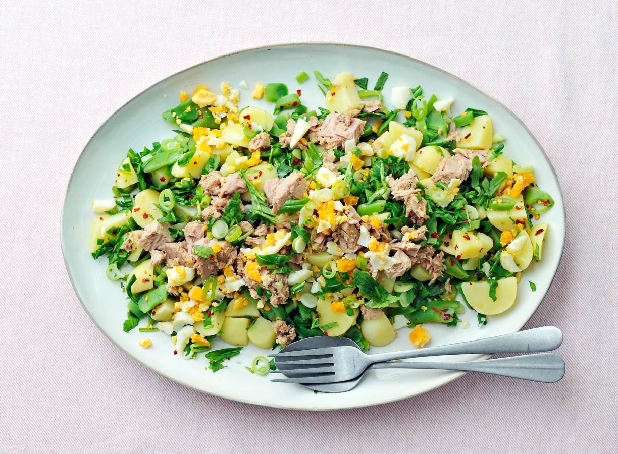 Lauwwarme aardappelsalade met tonijn en ei