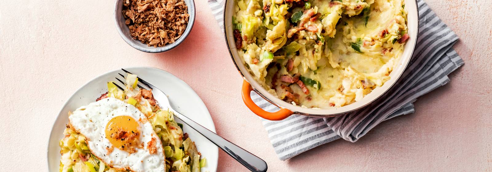 Spitskoolstamppot Met Prei Spek En Gebakken Ei Recept Allerhande Albert Heijn