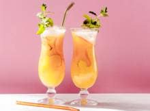Dé zomermocktail bestaat uit gemberbier, sinaasappel vers mango-sinaasappelsap en verse munt. Lekker!